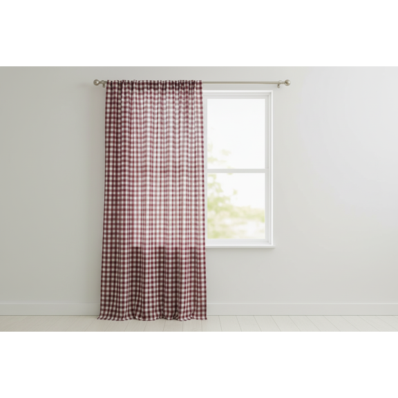 Poplin Gingham Checkered Window Curtain 56 Inch Wide Burgundy