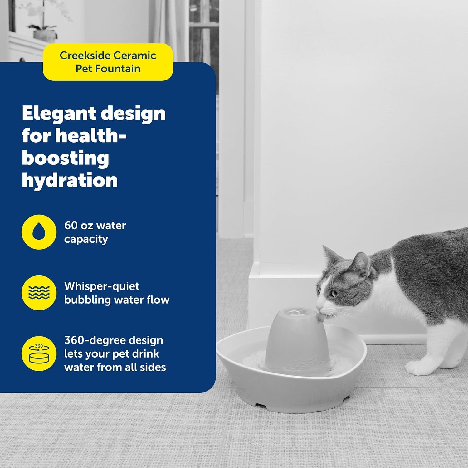 Ceramic Pet Fountain – for Cats and Small Dogs – 60 Oz Water Capacity – Whisper-Quiet Water Flow – Great for Shy or Timid Pets – Fresh, Filtered Water