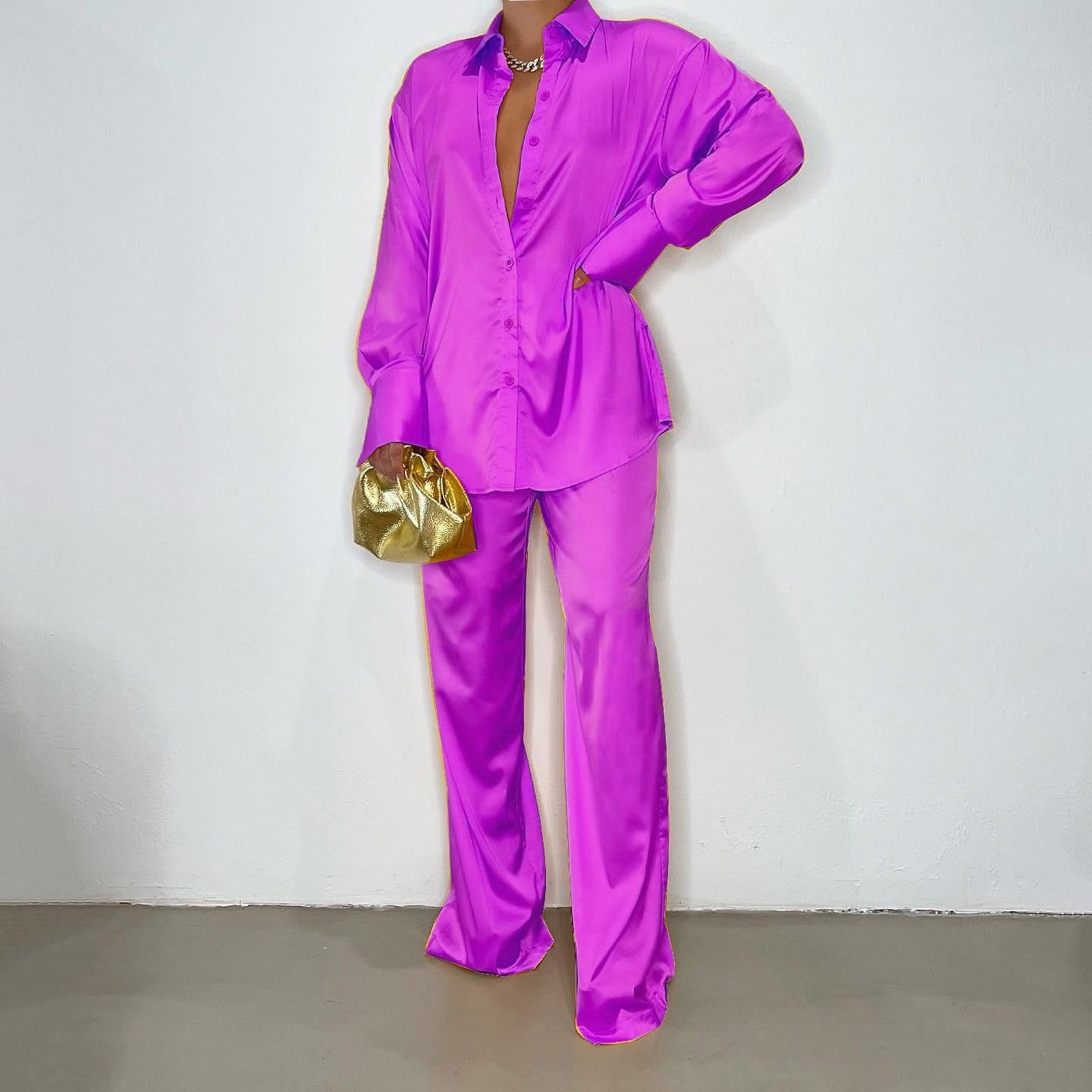 Womens Two Piece Silk Sets Plus Size S-5X Long Sleeve Button Up Shirts Wide Leg Pants Soft Pajama Outfits Casual Solid Loungewear Suits Set