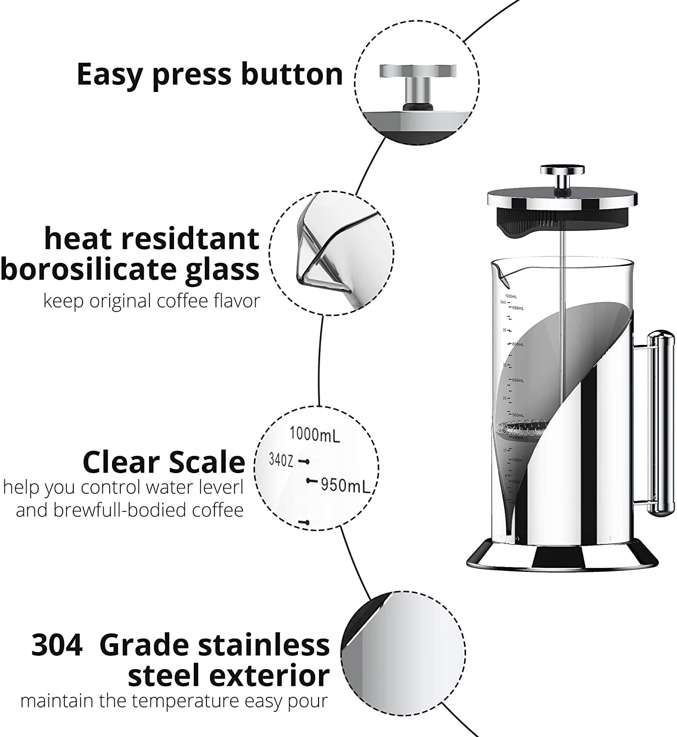 Kmt 350ml 304 Stainless Steel French Presses Pot Heat-resistance Coffee  Maker Splashproof Antiskid Base for Home Office Supplies