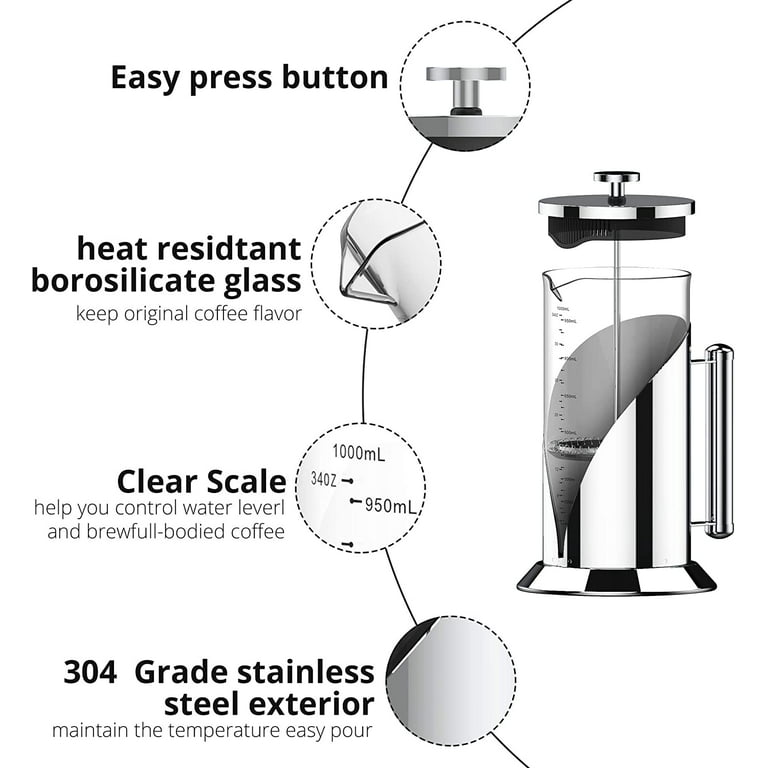 French Press Coffee Maker (34 oz) with 4 Filters - 304 Durable Stainless  Steel,Heat Resistant Borosilicate Glass Coffee Press,BPA  Free,Silver（include