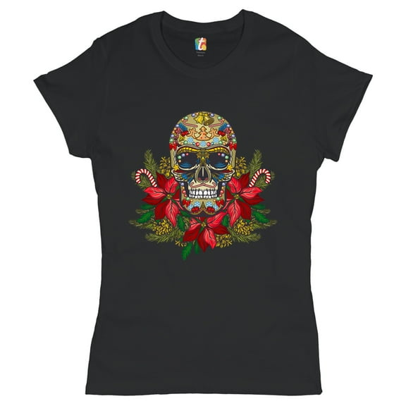 Tee Hunt Christmas Calavera T-Shirt Sugar Skull Holiday Spirit Mistletoe Women's T-Shirt Tee