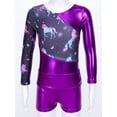 thumbnail image 5 of Aislor Girls Kids 2 Piece Ballet Dancewear Shiny Metallic Long Sleeve Leotard and Shorts Set for Gymnastic A Purple 6, 5 of 7