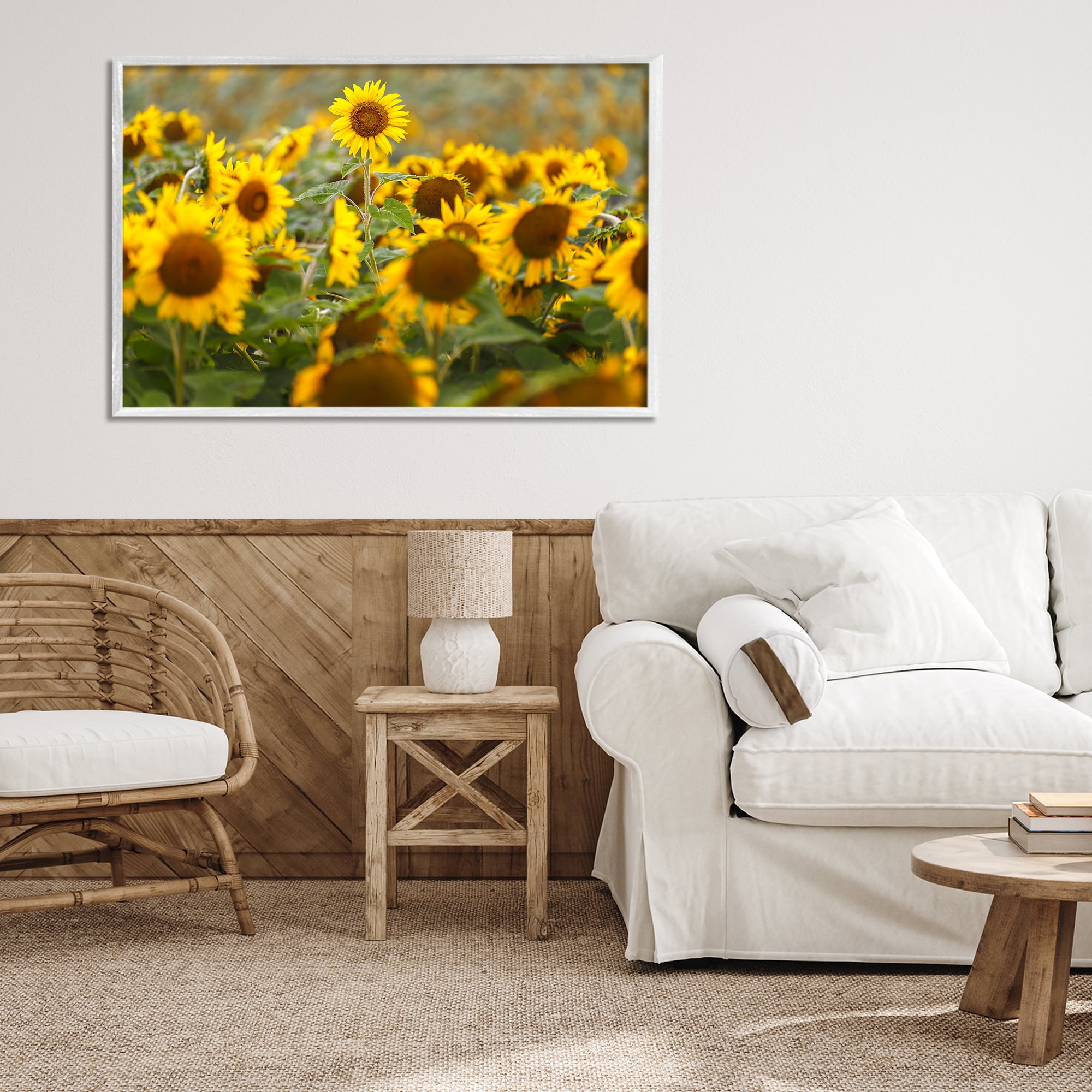 Central Sunflower in Meadow White Framed Giclee Art, design by Andy Crawford
