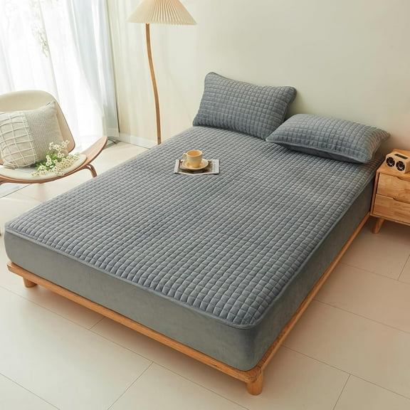 LweiPsqLin Quilted Flannel Fitted Sheets, Soft Flannel Fleece Mattress Top - Suitable for Fall and Winter, Fitted Deep Pocket Up to 15''. (Gray, Queen)