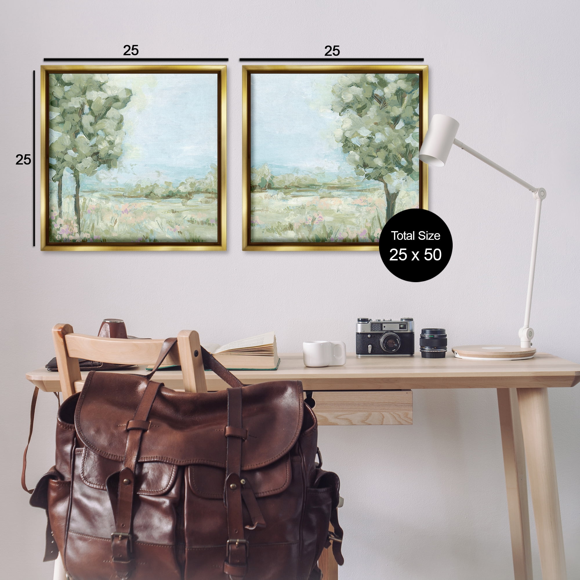 Stupell Industries Bright Spring Field Landscape Landscape & Nature Painting Gold Floater Framed Canvas Art Print Wall Art, 25 x 25, Set of 2