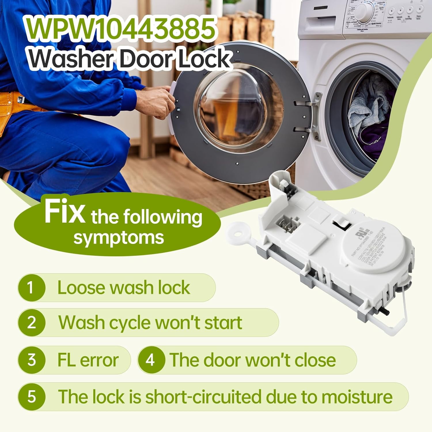 WPW10443885 Washer Door Lock Latch compatible with Whirlpool Maytag Amana Crosley, Replaces W10443885 AP6021486