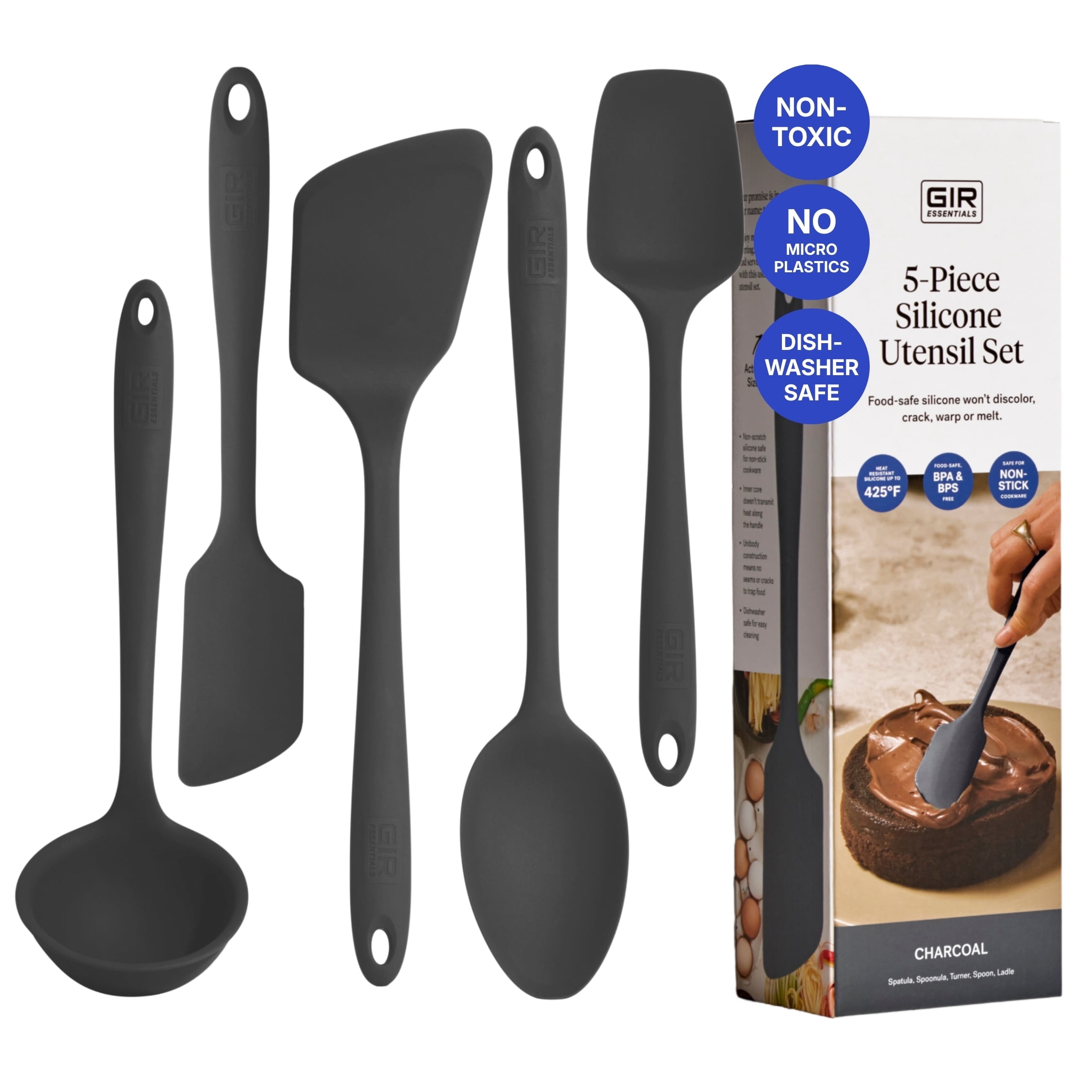 GIR Get It Right 5 Piece Essentials Silicone Cooking Utensils Set Nonstick Heat Resistant Kitchen Utensils for Cooking and Baking, Charcoal