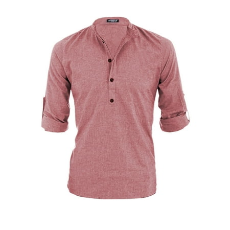 Men's Half Button Placket Roll Up Sleeves Heathered Henley Shirt Red (Size XL / (Best Half Sleeve Shirts)