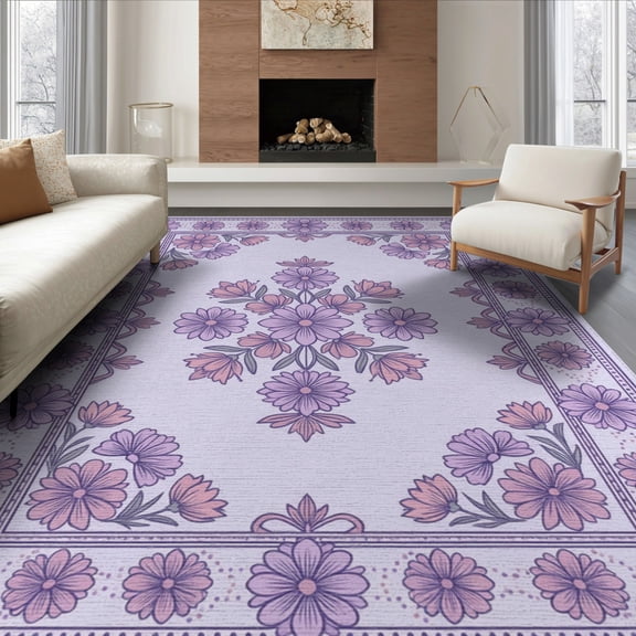 ODIKA 8'x10' Washable Area Rug Durable, Non-Slip Purple Ditsy Beige Dot Lilac Field Scattered Symmetrical Pink for Living Room, Under Sectional, Family