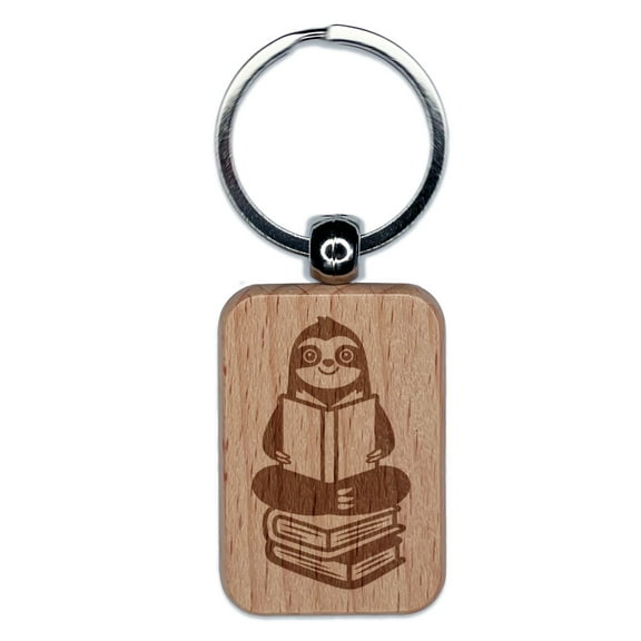 Sloth Reading on Book Stack Rectangle Keychain Charm Tag - Engraved Wood