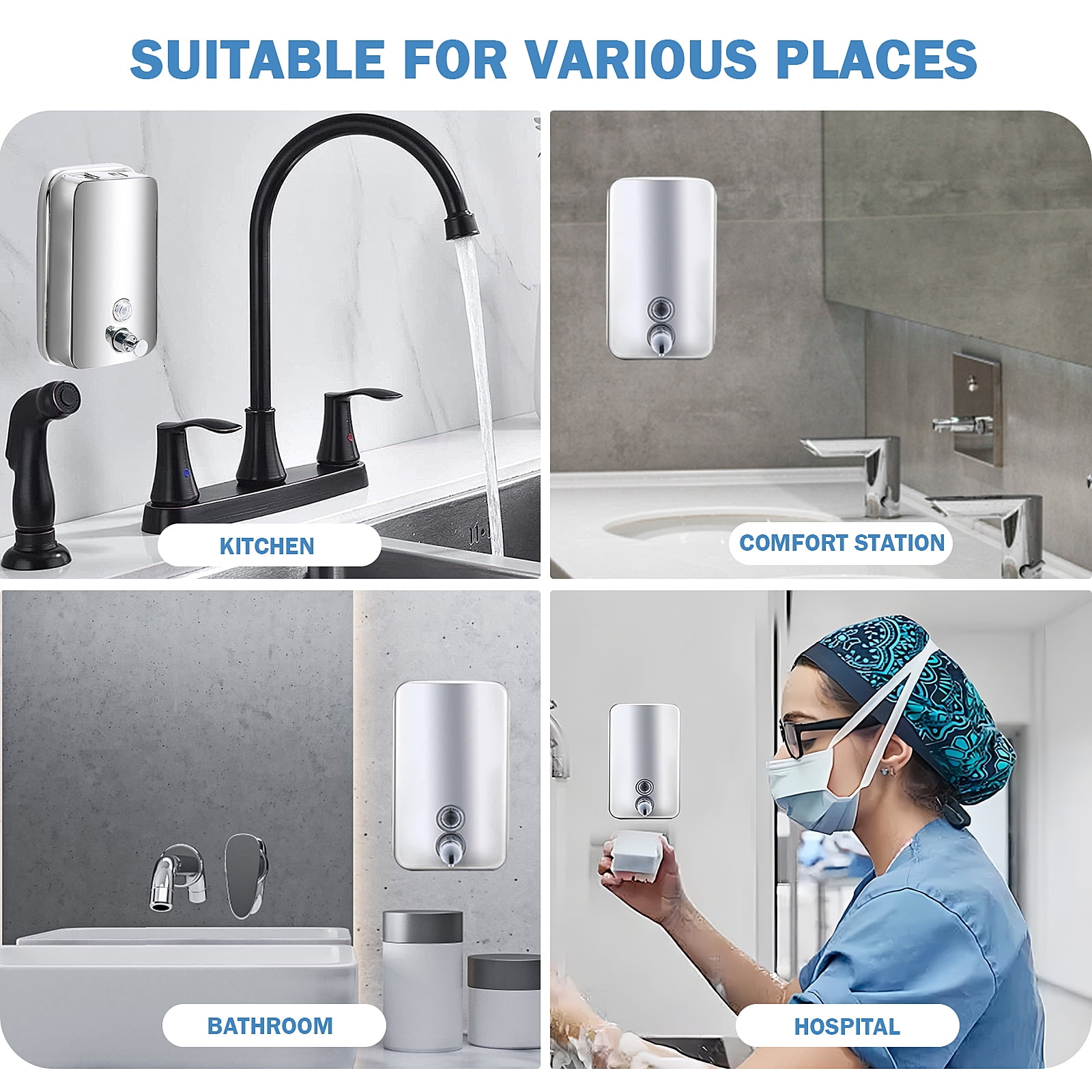 4Pcs Commercial Soap Dispenser Stainless Steel 1000ml Wall Mount Manual Liquid Pump Rust Proof Leak Free for Bathroom