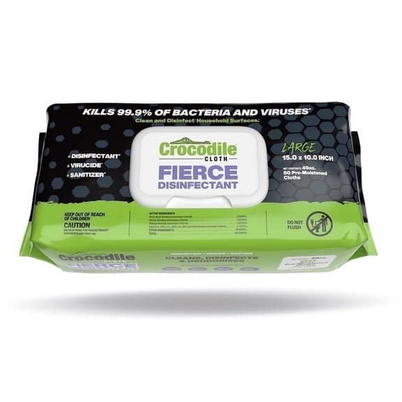 Crocodile Cloth Fierce Disinfectant Cleaning Wipes, 15" x 10", 80 Count, Multi-Surface