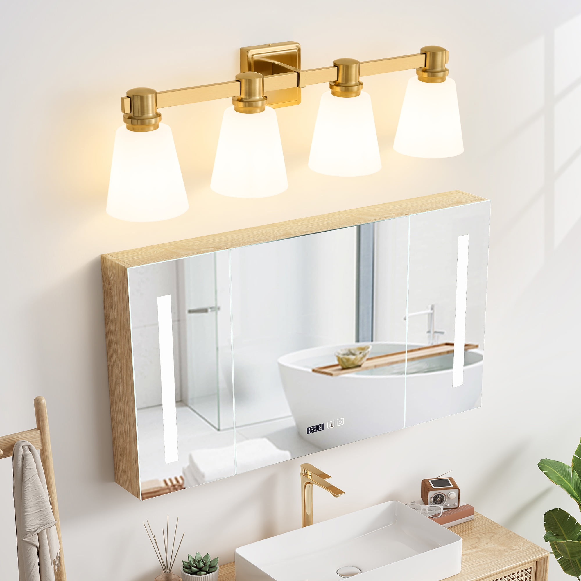 Deyidn 30" 4-Light Vanity Light, Gold Dimmable Bathroom Light Fixture with Milk White Cone Shades for Modern Farmhouse