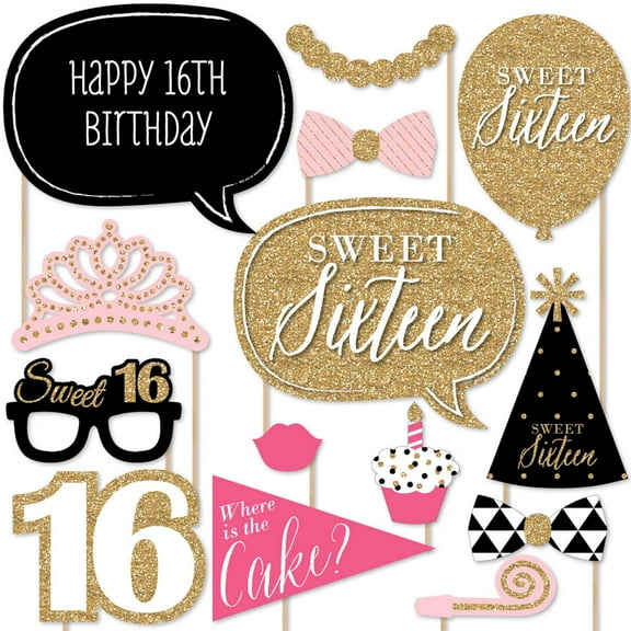 Big Dot of Happiness Chic 16th Birthday - Pink, Black and Gold - Photo Booth Props Kit - 20 Count
