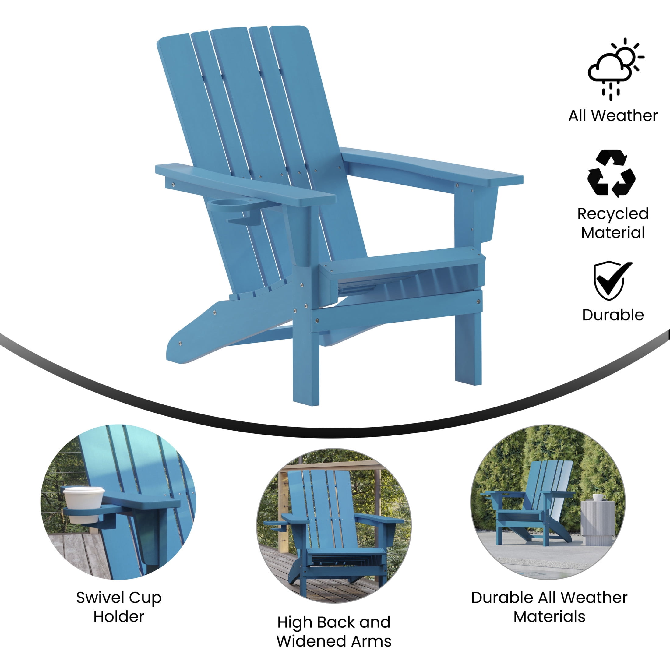 BizChair Adirondack Chair with Cup Holder, Weather Resistant HDPE Adirondack Chair in Blue