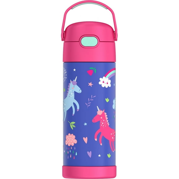 Thermos Kids Stainless Steel Funtainer Water Bottle with Straw, Dishwasher Safe, Leak Proof, Unicorn, 14 oz
