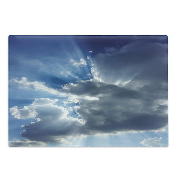 Landscape Cutting Board, Sunshine Sun Rays Breaking Through Huge Dark Clouds View Landscape Picture, Decorative Tempered Glass Cutting and Serving Board, Large Size, Grey Blue, by Ambesonne