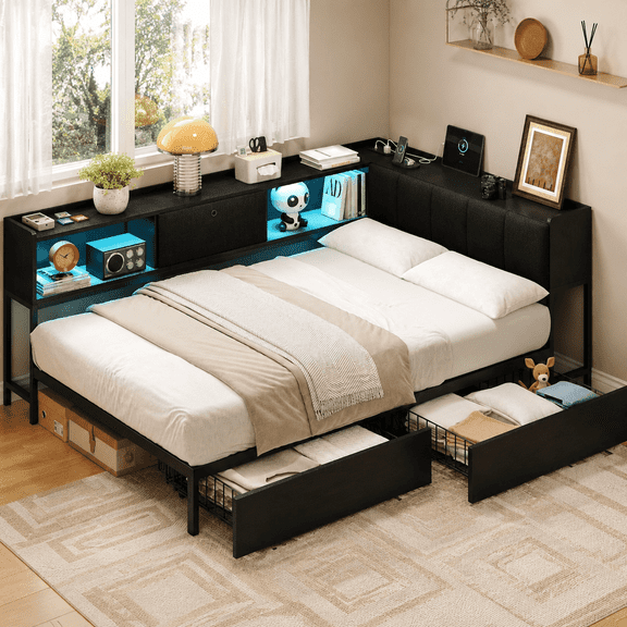 Laisnet Twin Corner Bed Frame with 2 Storage Drawers & Bookcase, Upholstered Platform Daybed with LED Lights and Charging Station, Black