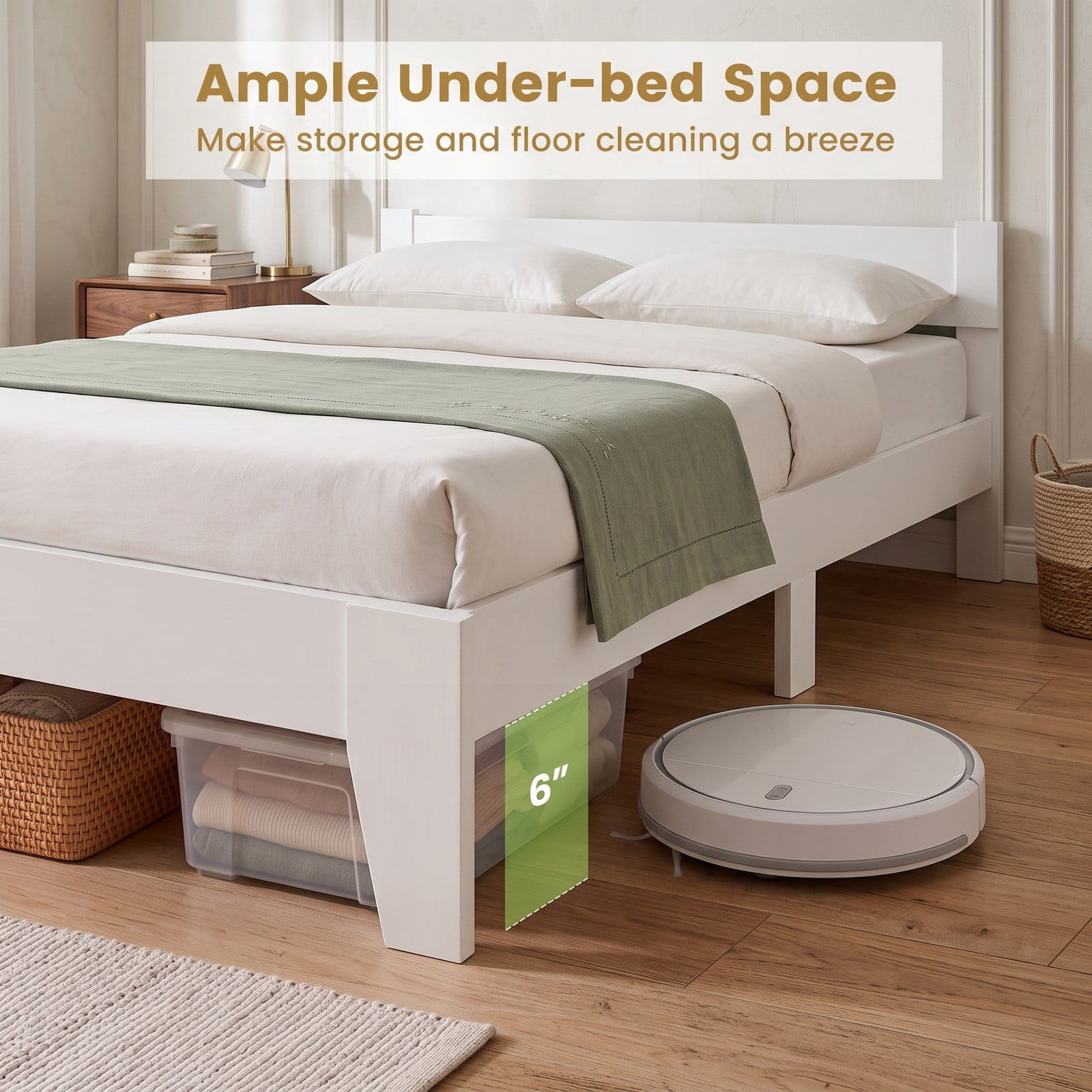 Furnibear Queen Bed Frame with Headboard, Modern Wood Platform Bed with Panel Headboard, Wooden Slats and Tapered Legs, White