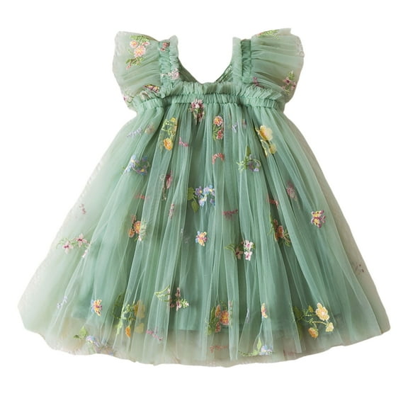 Kiijoy Girls Floral Embroidery Tulle Dress Flutter Starp Mesh A Line Dress, Sizes 6M-5T