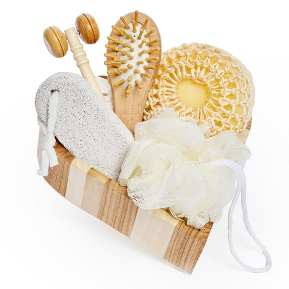 Bella Ciao Body and Skincare Set with Face Roller, Hair Brush, Soft Loofah, and Wooden Tray, 6 Piece Set