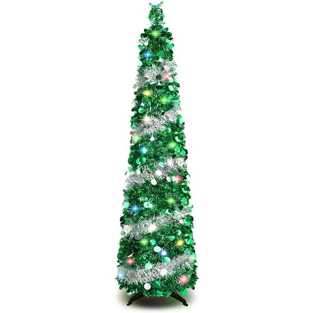 5 FT Christmas Trees with 90 Colorful Lights Collapsible Artificial Sequin Pop Up Christmas Tree Tall Skinny Pencil Tinsel Christmas Trees Xmas Tree