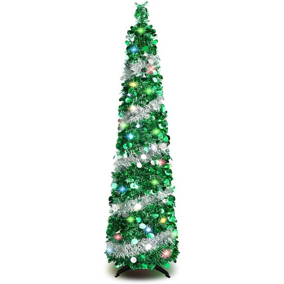 5 FT Christmas Trees with 90 Colorful Lights, Collapsible Artificial Sequin Pop Up Christmas Tree, Tall Skinny Pencil Tinsel Christmas Trees Xmas Tree for Home Apartment Basement Fireplace