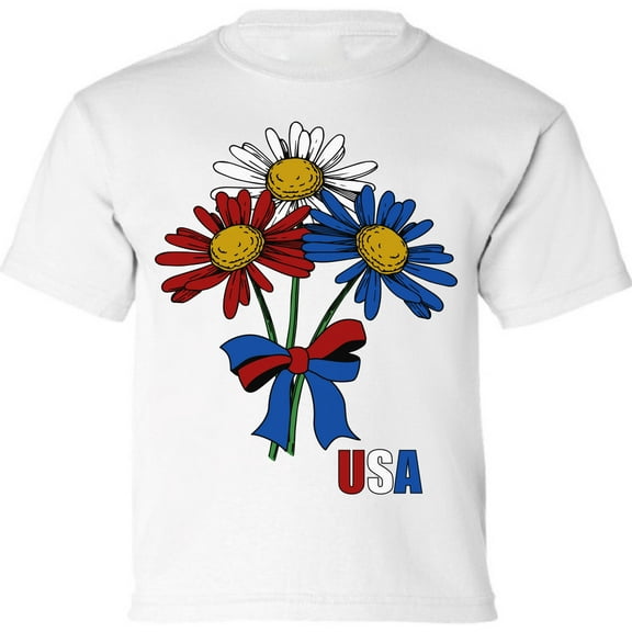 USA Flag Flowers Graphic Tees for Toddler Girls Boys - Red White Blue America 4th of July Shirt