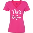 thumbnail image 3 of Inktastic Paris Bonjour with Hearts in White Text Women's V-Neck T-Shirt, 3 of 5