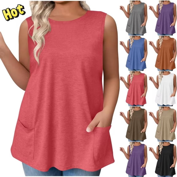 Taqqpue Womens Plus Size Tank Tops Summer Sleeveless T Shirts Crew Neck Casual Loose Fit Tunic Blouses Trendy Fashion Basic Tops Women Oversized Tops Shirt with Pockets L-4XL