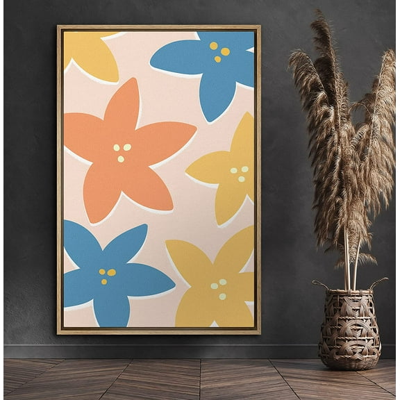 PixonSign Framed Canvas Print Wall Art Blue & Orange Flower Print Nature Wilderness Illustrations Modern Art Contemporary Colorful Multicolor for Living Room, Bedroom, Office - 24x36 Natural