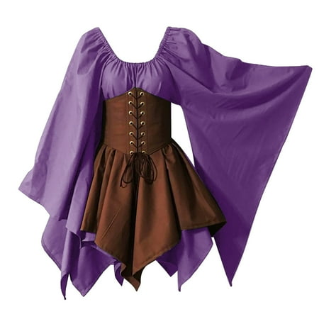 DondPO Plus Size Dresses for Curvy Women Midi Dresses Trumpet Sleeve Irish Shirt Dress With Corset Cosplay Costumes Gothic Retro Corset Dress Long Sleeve Dress Womens Dresses Purple Dress S