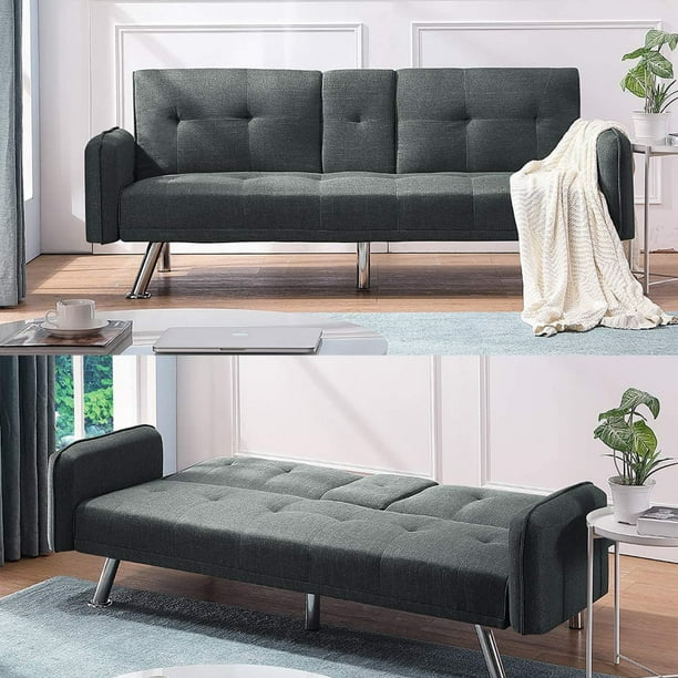 Futon Sofa Bed, Modern Convertible Sofa Bed with Metal Armrests and