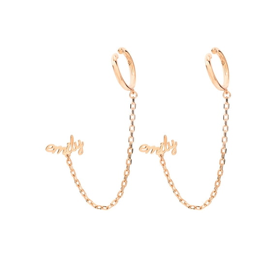 Personalized Planet Sterling Silver Lowercase Script Name Crawler Button with Ear Cuff and Chain Earring ,Women's