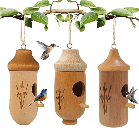 IFCOW 3 Pack Hummingbird House for Outside, Natural Wood Hanging Bird Houses for Nesting for Garden Porch, Gardening Gifts