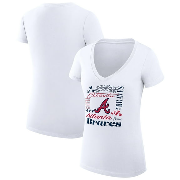 Women's G-III 4Her by Carl Banks White Atlanta Braves Super-Slim Fit Lightweight Collage Team Graphic V-Neck T-Shirt