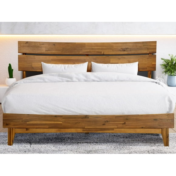 Acacia Cadre de Lit Aurora avec Tête de Lit en Bois Massif, Lit Plateforme Très Grand, Lit en Bois Signature Scandinave Compatible avec Tous les Types de Matelas, Antidérapant et Silencieux, Caramel