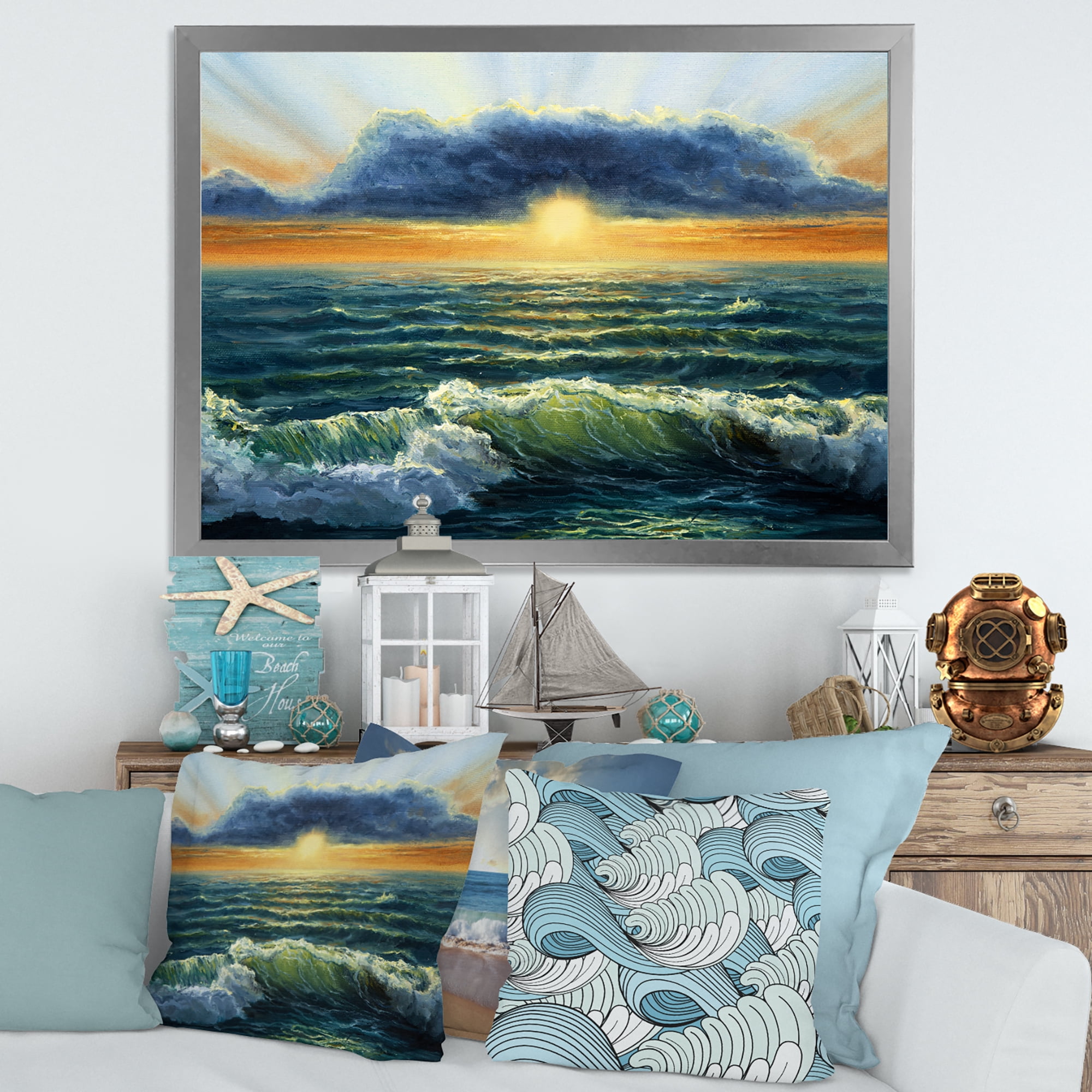Designart 'The Blue Ocean In Sunset Evening I' Nautical & Coastal Framed Art Print