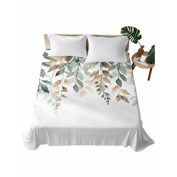 Green Brown Botanical Flat Sheets Only Queen Size, Soft Breathable Bed Top Sheets for Mattress, Farmhouse Eucalyptus Leaves Luxury Bedding Flat Sheets for Home Hotel Bedroom Bed Protection