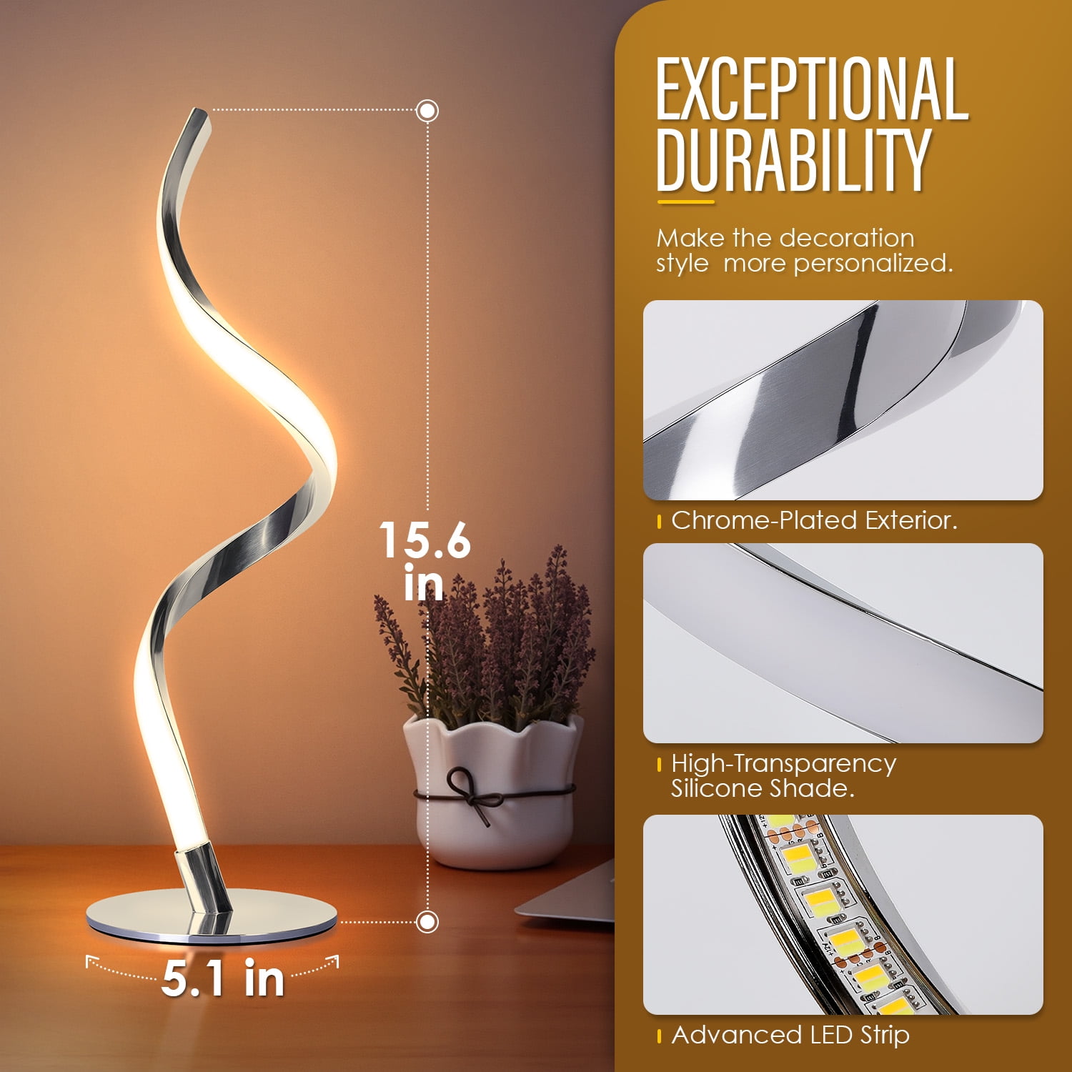 Modern Spiral Table Lamp -Touch Control Bedside Lamp, 3 Colors & Fully Stepless Dimmable Nightstand Lamps for Bedroom, Living Room & Office(3000K 4000K 5000K)