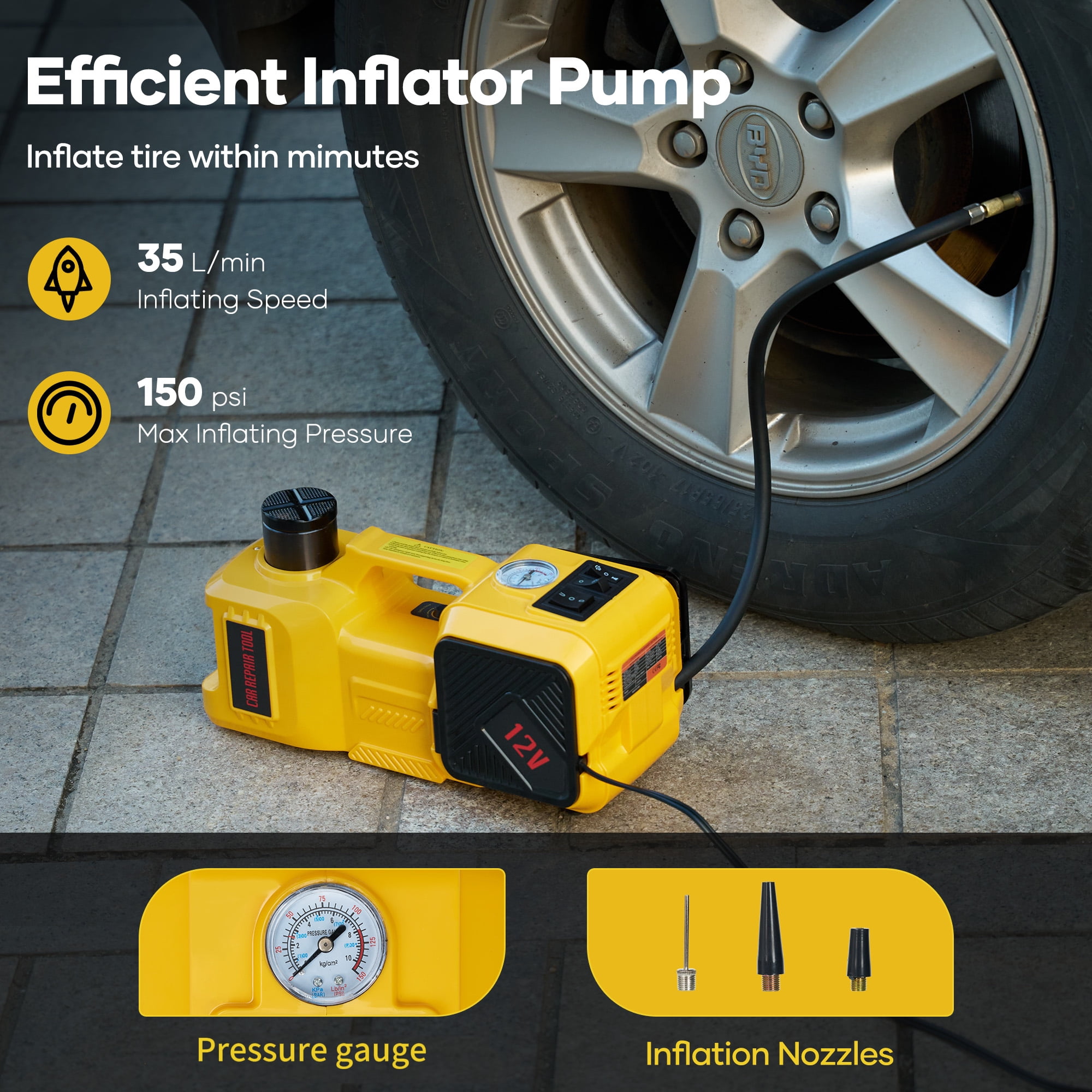 Naipo Electric Car Jack Kit, 5 Ton 12V Portable Battery CarJack Lifting with Electric Wrench/Built-in Tire Inflator Pump/LED Light for SUV/Sedans Yellow