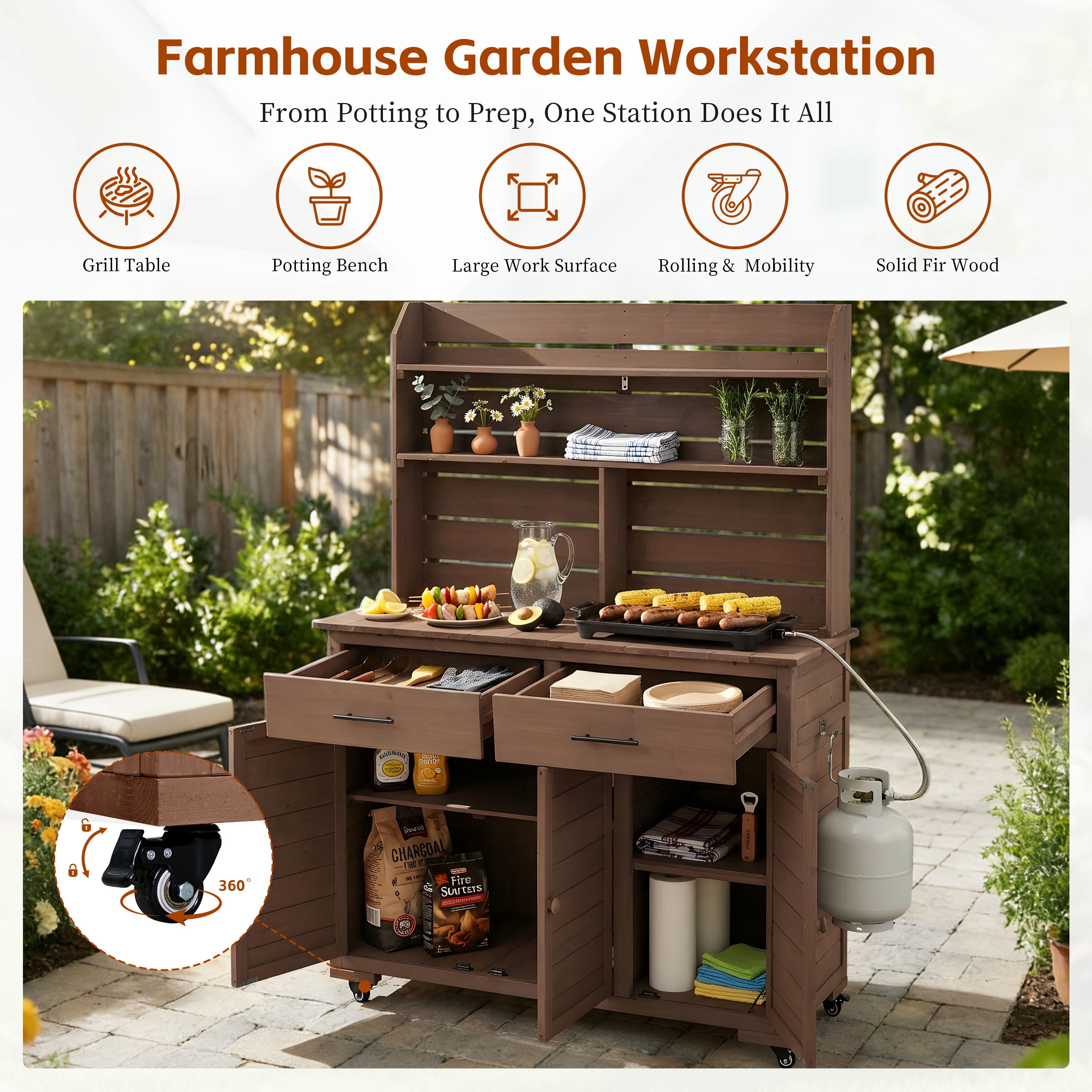 Mintazer 65"H Rolling Outdoor Potting Bench with 2 Drawers & Storage Cabinet, Farmhouse Kitchen Island Prep Cart with Hutch Top & Shelves, Brown