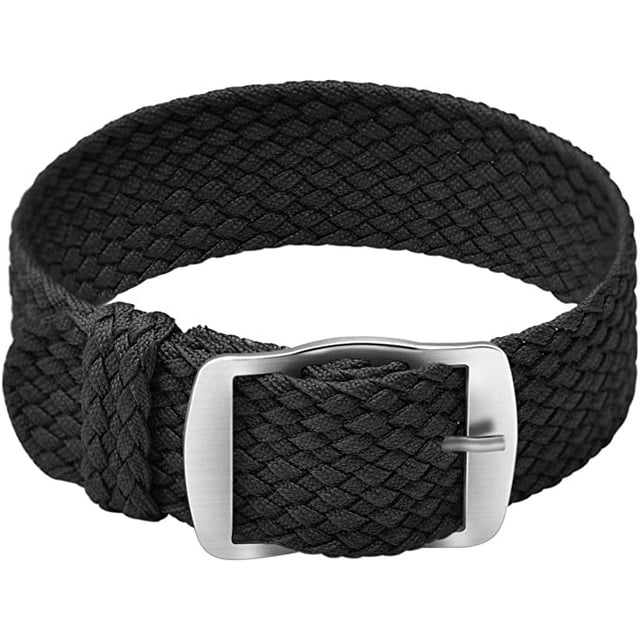 Unisex Perlon Nylon Bracelet with Stainless Steel Silver Buckle, Black, 18mm