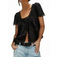 thumbnail image 3 of Women Tie Front Lace Trim Top Sheer Short Sleeve Scoop Neck Button Shirt Y2k Ruffle Flowy Boho Crop Tops Black S, 3 of 8