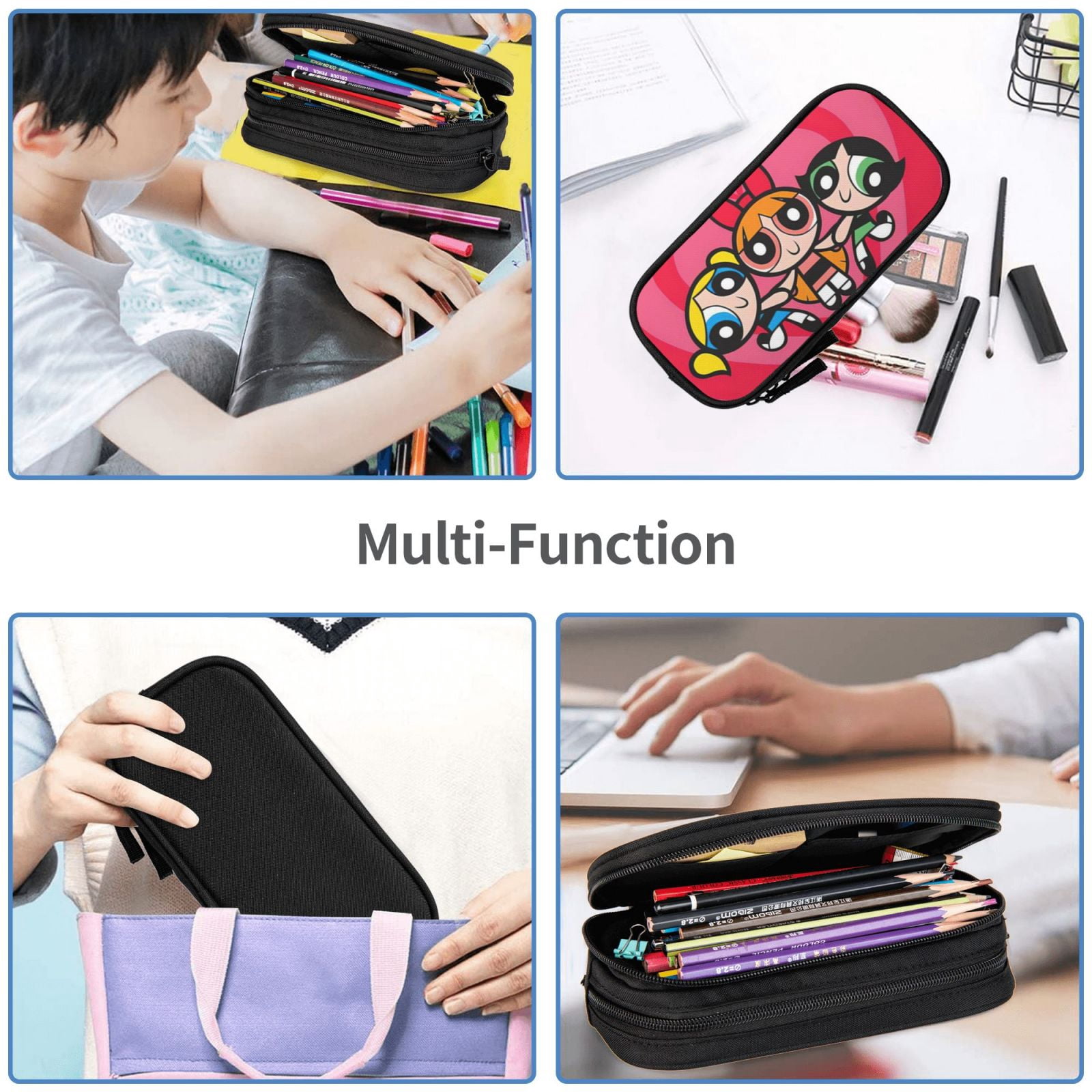 The Powerpuff Gi-rls Pencil Case Large Capacity Pencil Pouch Penbag Office Stationery Organizer Travel Makeup Bag Black