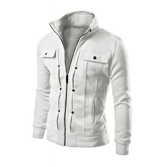 Winter Coat for Men Stand Collar Button Decorated Sweatshirt Jacket Zipper Casual Long Sleeve Windproof Outerwear