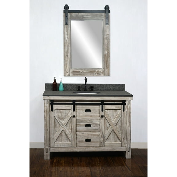 InFurniture WK8548-W-MG TOP 48 in. Rustic Solid Fir Barn Door Style Single Sink Vanity in White Wash with Rustic Style Polished Textured Surface Granite Top in Matte Grey - No Faucet - 49 x 34.6 x 22