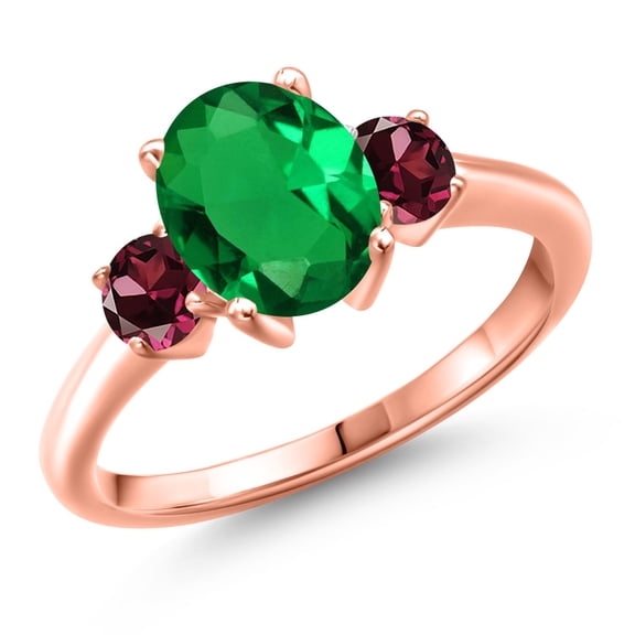 Gem Stone King 18K Rose Gold Plated Silver Green Nano Emerald and Red Rhodolite Garnet Engagement Ring for Women | 2.24 Cttw | Oval 9X7MM | Gemstone May Birthstone | Size 9