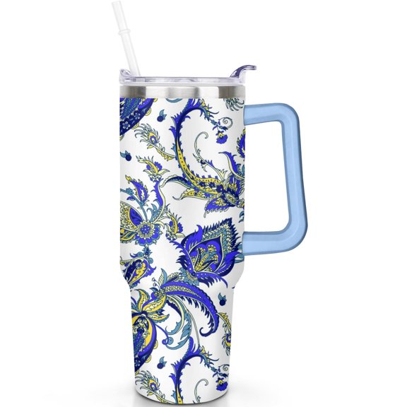 40oz Paisley Tumblers for Hot Cold Preservation, Leak Proof Flip Straw Lid, Vacuum Insulated Stainless Steel Mug with Handle